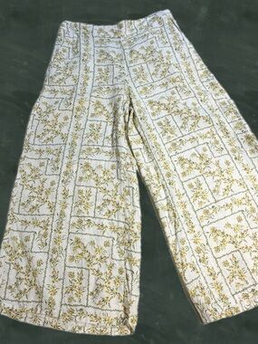 Flower vine ivy summer cropped wide leg pants 100% linen cropped ankle floral L
